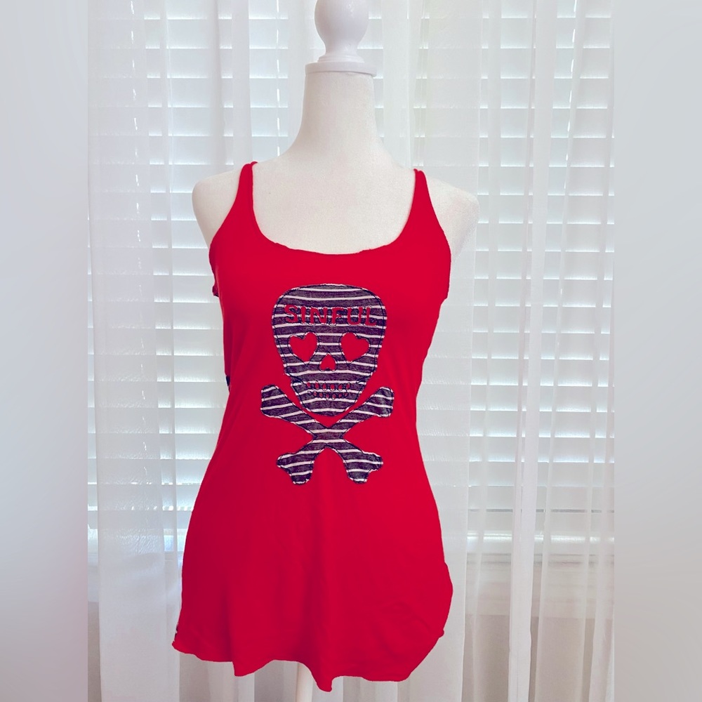 NWOT SINFUL WOMEN CASUAL TANK TOP SKULL DESIGN THIN STRAPS COLORFUL ORANGE SZ XS